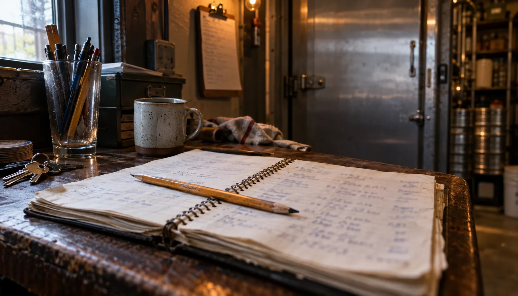 A brewery back office at opening time: a battered spiral notebook filled with handwritten names lies open on a desk beside a pencil, a pint glass of pens, a ring of keys and a cooling mug of coffee, with the walk-in door behind.