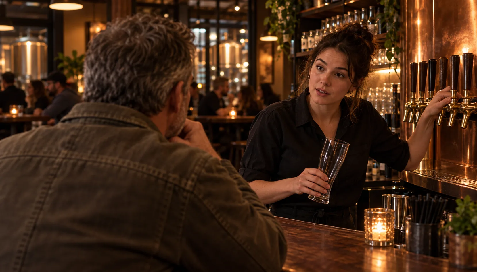 Seen over a regular's shoulder at the bar, a new bartender holds an empty glass and asks him what he likes, friendly but with no idea who he is.