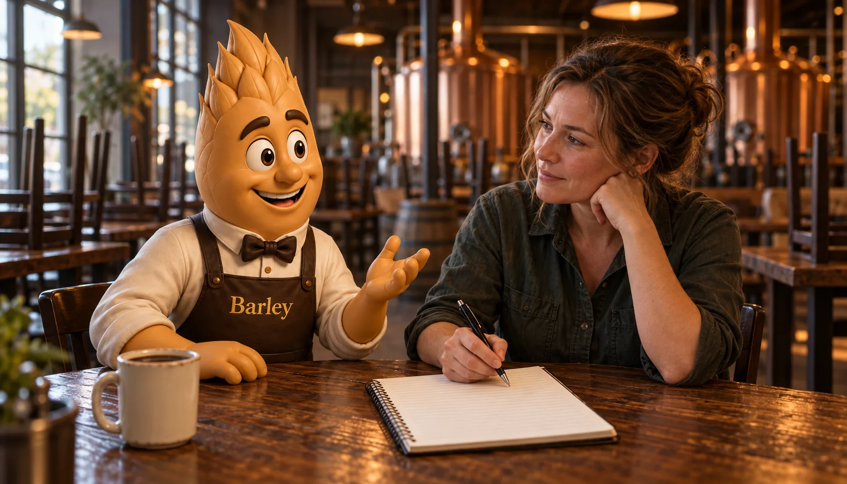 Barley sits at a table in an empty taproom during morning prep, mid-explanation with one hand raised, while a brewery owner beside him listens with her pen over a blank notebook.