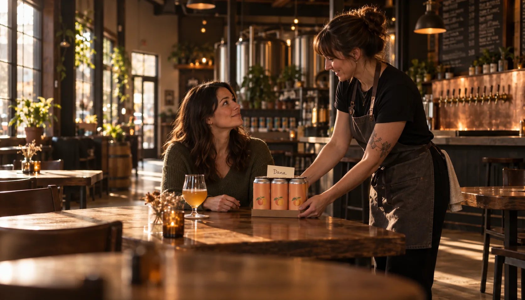 In a sunlit afternoon taproom, a bartender carries a four-pack of apricot sour with a handwritten name card tucked under the carton to a guest at a corner table who did not order it.