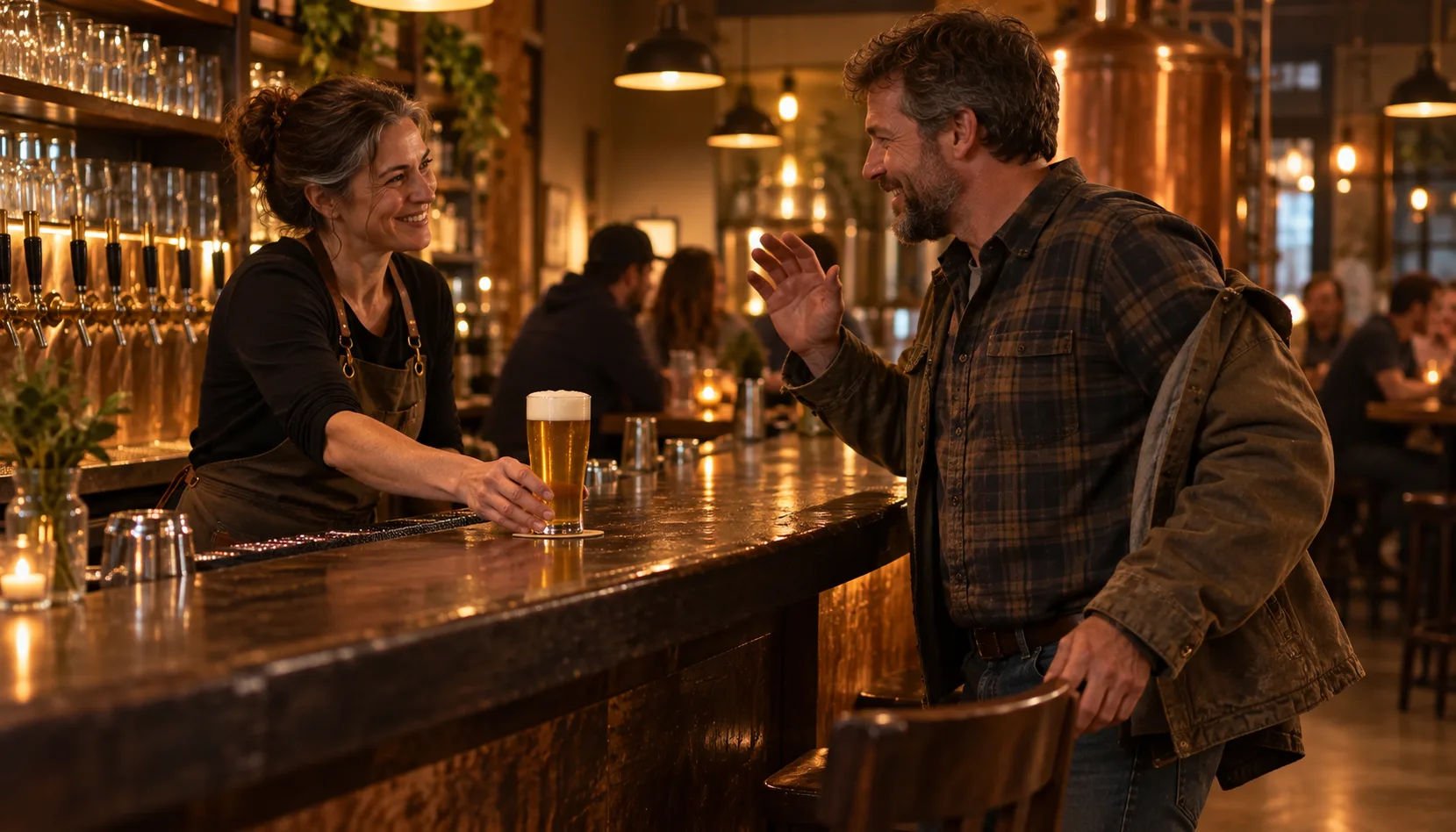 A bartender sets a tall pilsner down in front of a regular who has only just reached his stool, his coat still half on and one hand raised in greeting.
