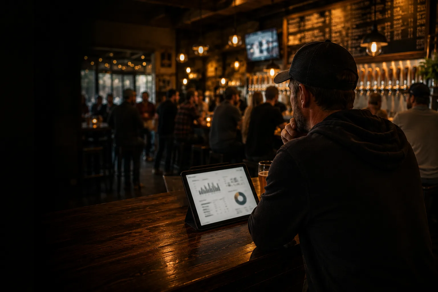 A taproom manager reviewing charts on a tablet at the quiet end of the bar while the room buzzes behind.