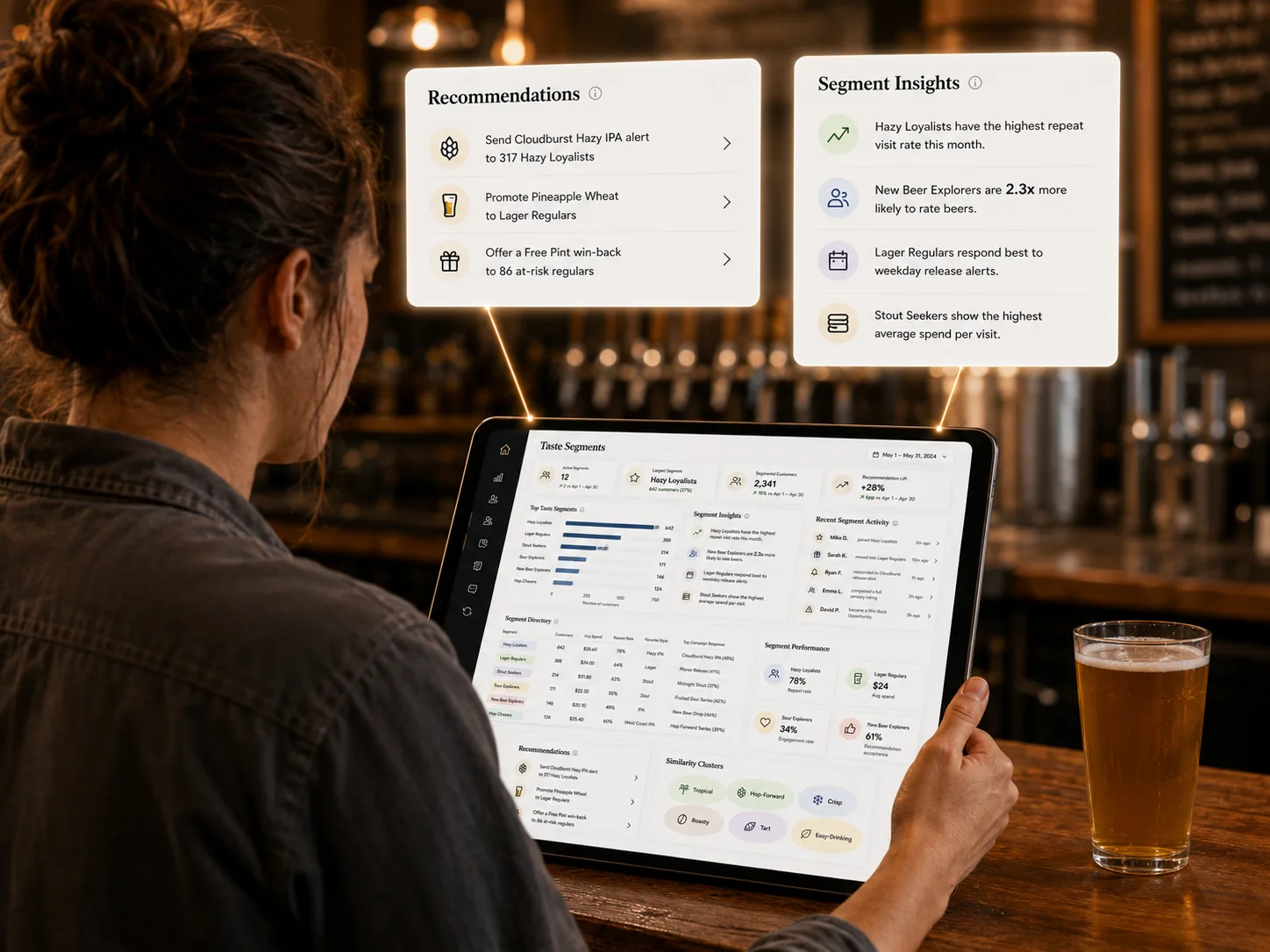 A customer's Barley taste profile — flavor preferences and recommended beers built from their ratings and check-ins.