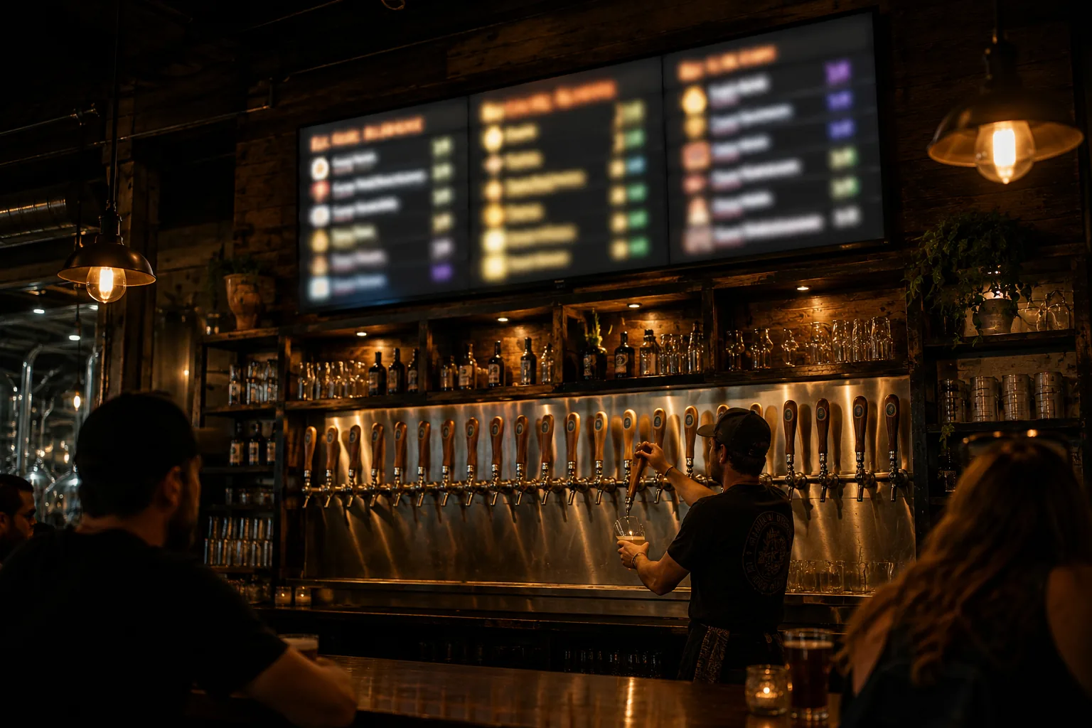 Glowing TV menu boards above the back bar and tap wall as a bartender pours below.