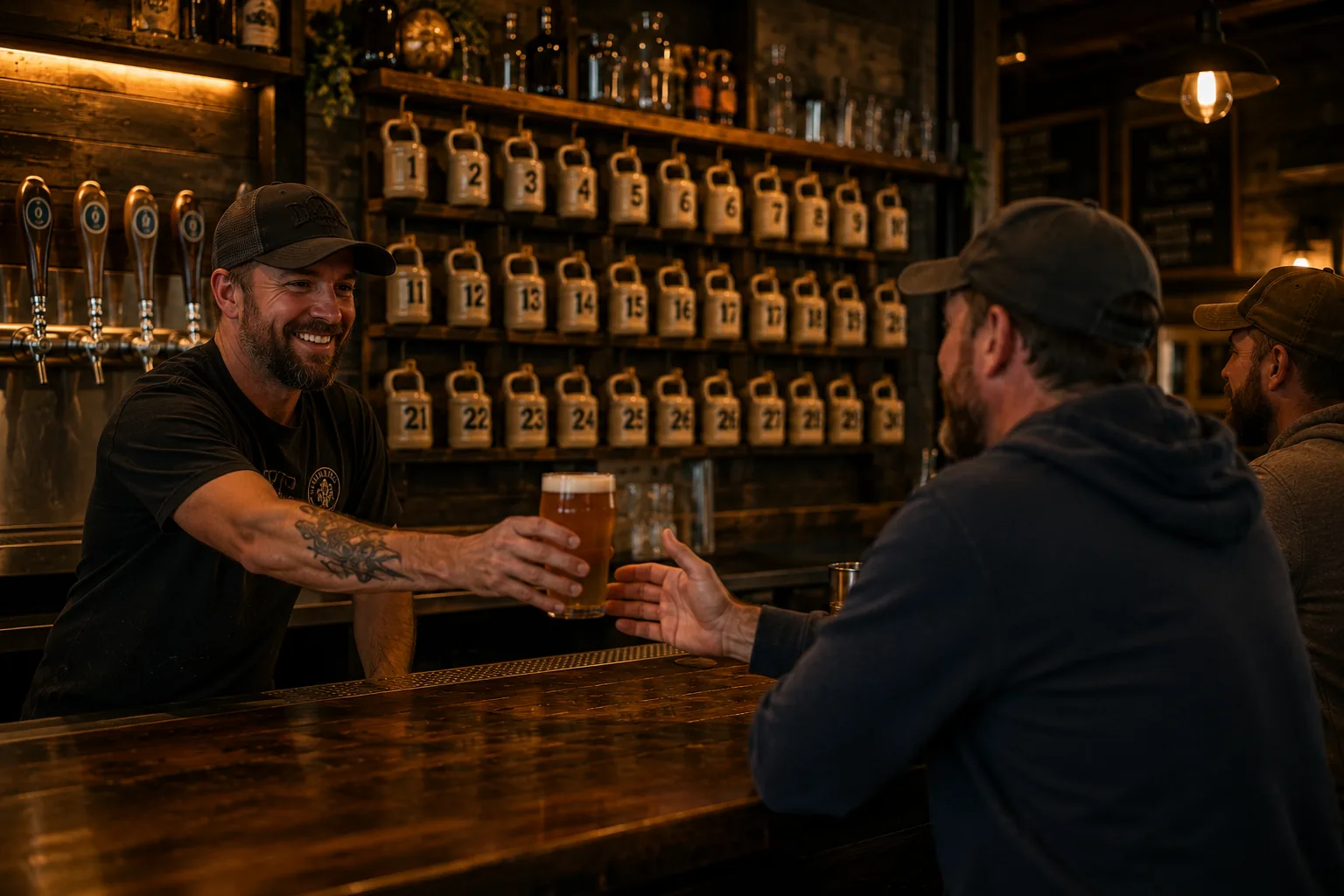 A bartender handing a fresh pour to a regular in front of a numbered mug-club wall.