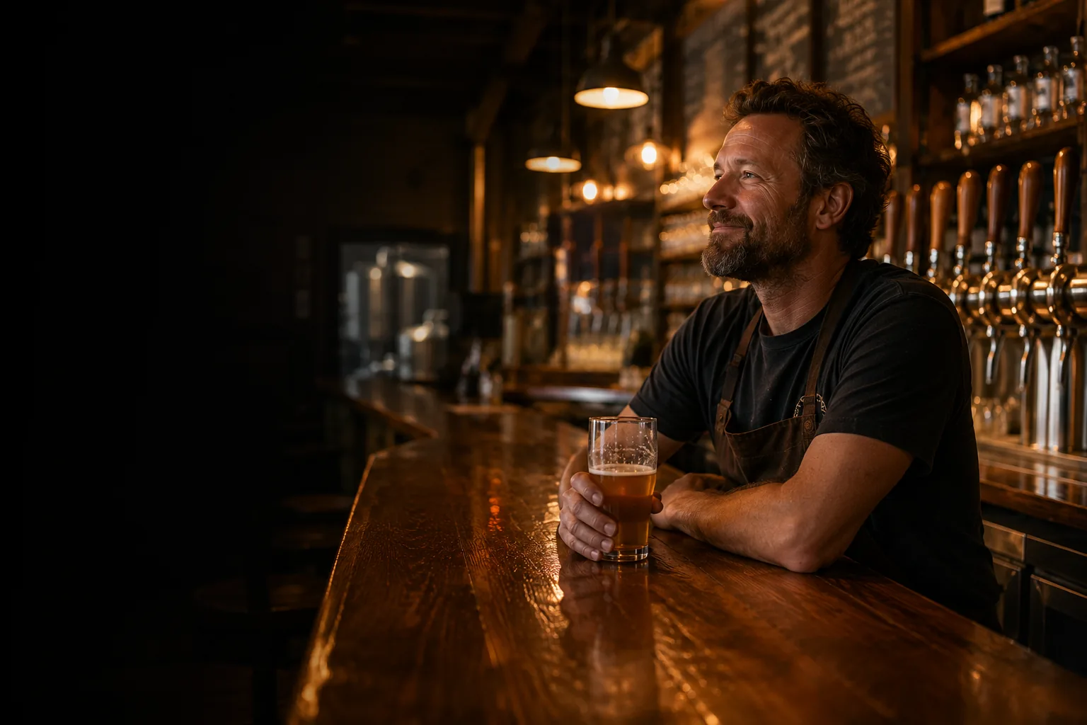 A brewery owner relaxing at the end of the bar after close, one pint poured, warm light behind the taps.