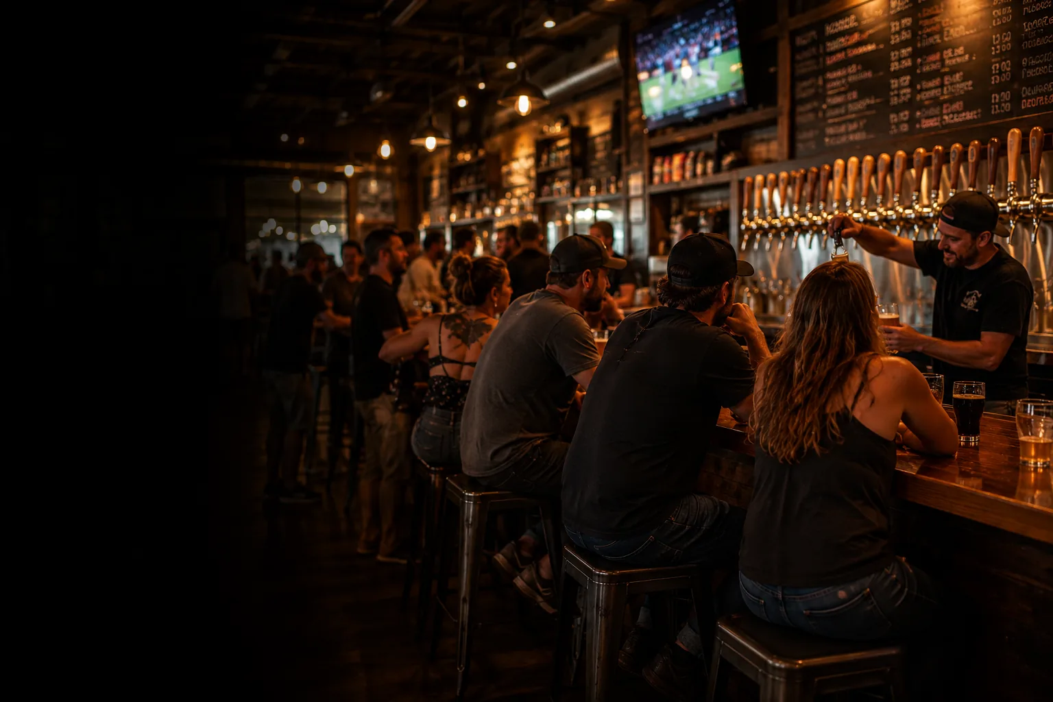 A busy taproom in full evening swing — a bartender pouring at the taps, customers along the bar.