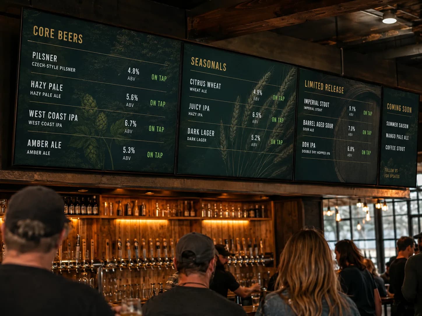 A brewery TV menu display showing the current tap list, branded to the taproom.